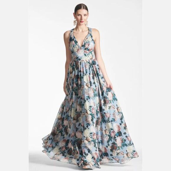 $850 Sachin + Babi Size 14 Kenzia Blue Pink White Floral Chiffon Gown Maxi Dress - Picture 4 of 5